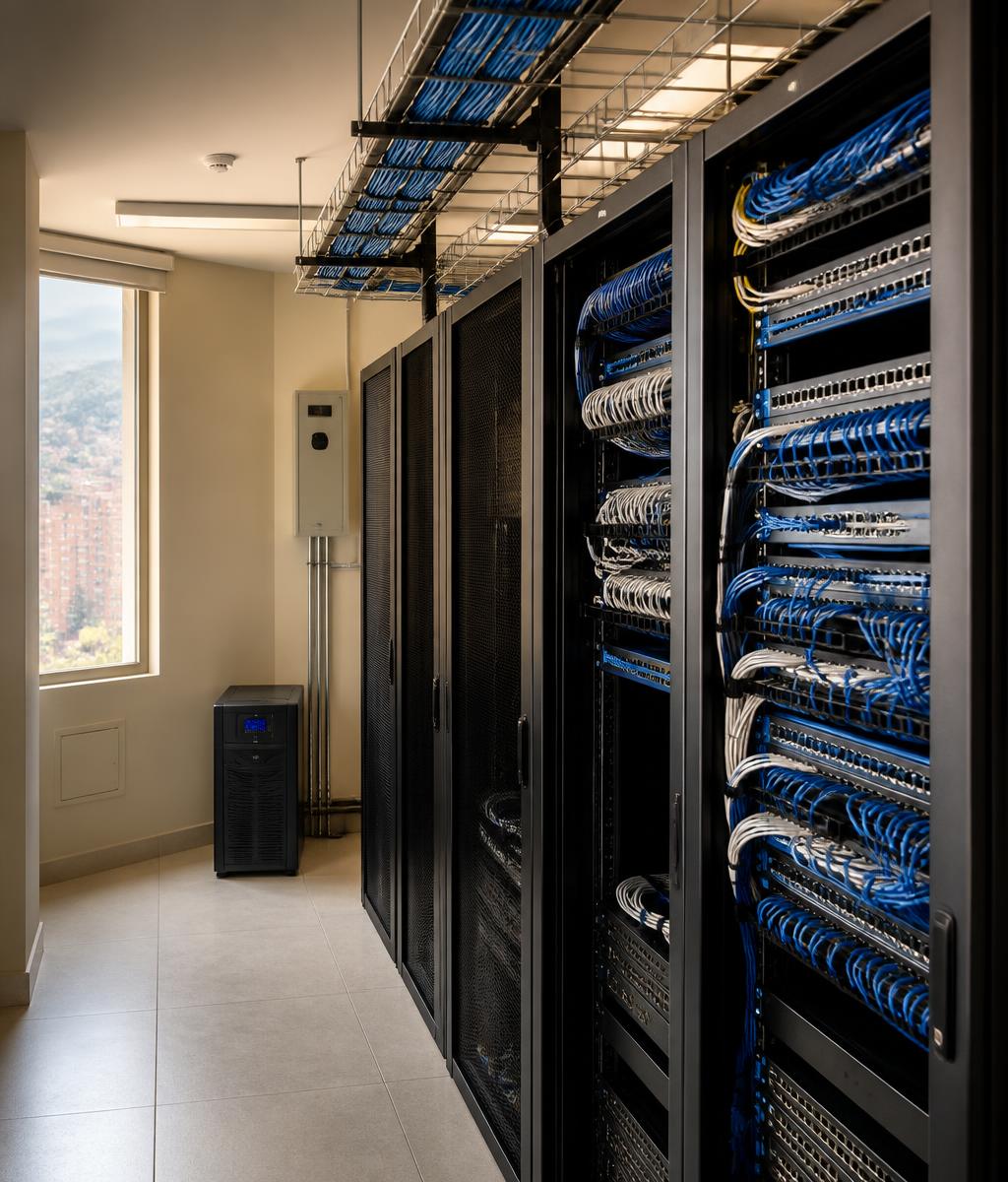 Cuarto técnico organizado con racks y cableado estructurado